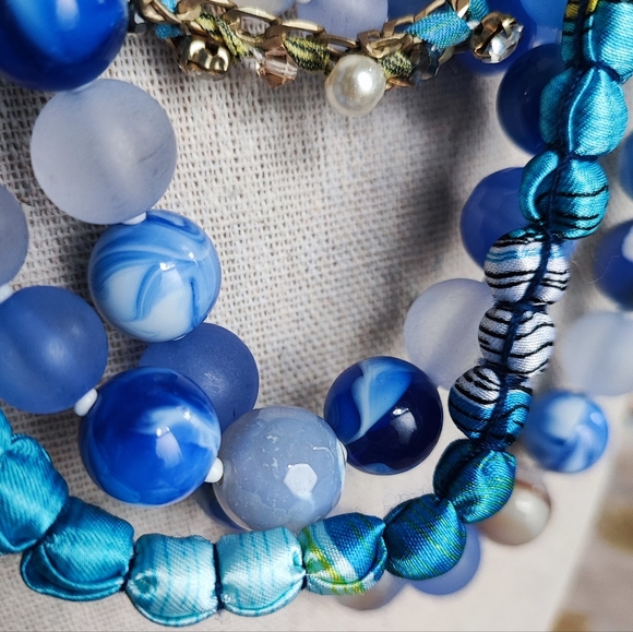 5 Strand Blue Acrylic Bauble Stone Rhinestone & Fabric Beaded Unsigned Necklace - Picture 5 of 12